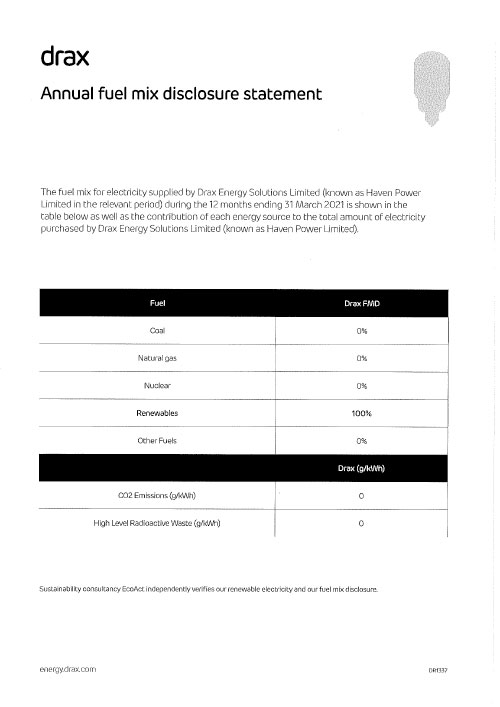 Drax - Annual Fuel Mix Disclosure Statement