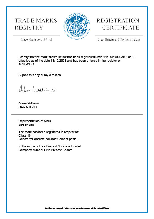 Jersey-Lite Registered Trade Mark Certificate