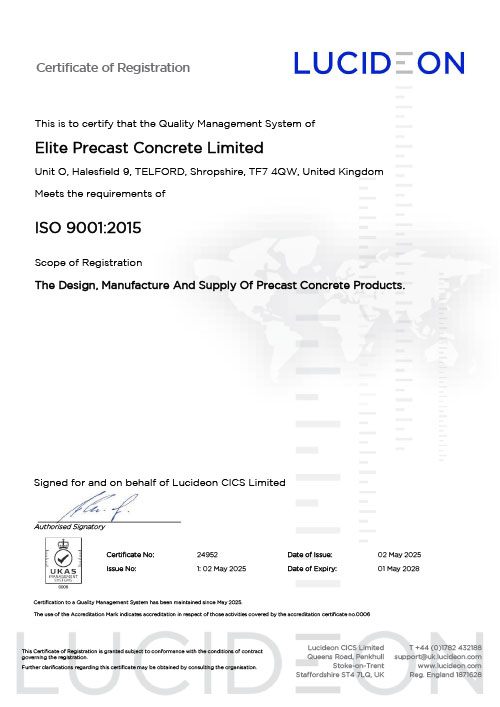 Elite Precast Concrete - ISO 9001:2015 Certificate